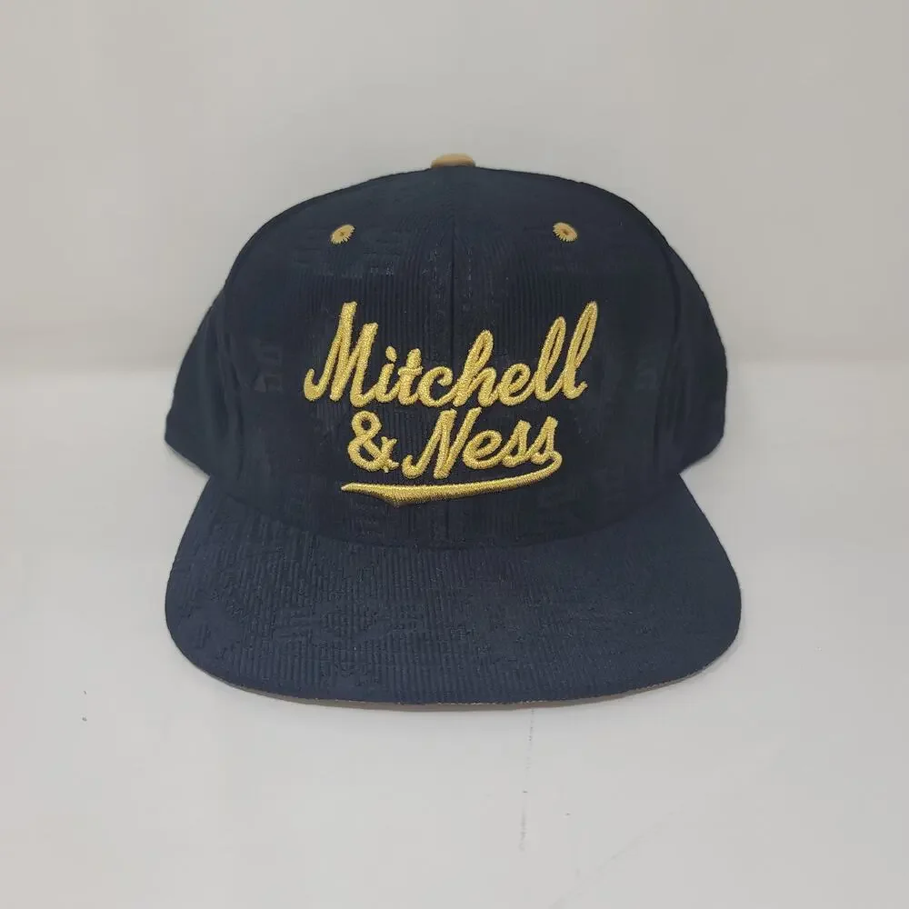 🆕 Mitchell & Ness Logo Gold Corduroy Strapback Hat Black